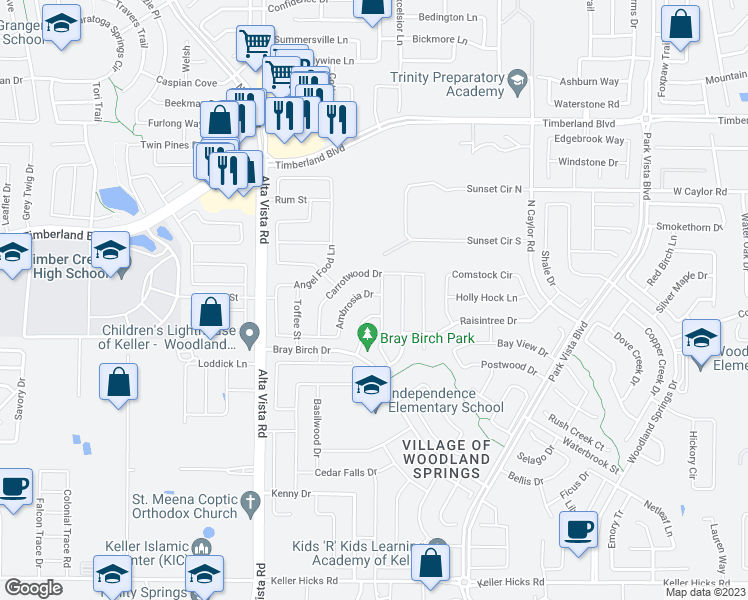 map of restaurants, bars, coffee shops, grocery stores, and more near 4968 Ambrosia Drive in Fort Worth