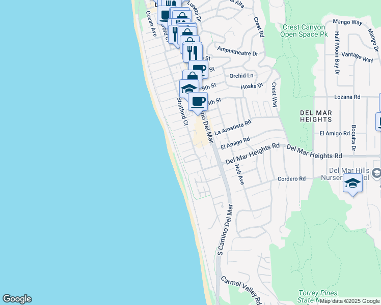 map of restaurants, bars, coffee shops, grocery stores, and more near 141 Sea Cliff Way in Del Mar