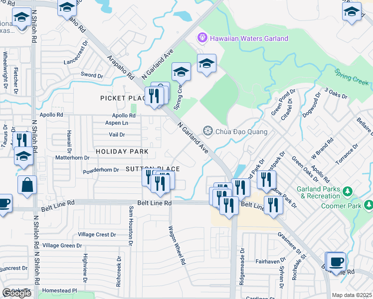 map of restaurants, bars, coffee shops, grocery stores, and more near 3533 Mustang Ridge Road in Garland