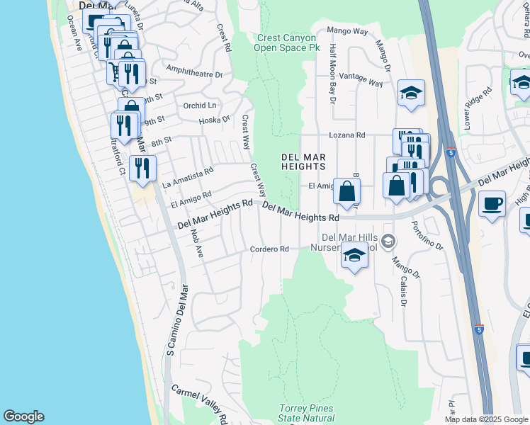 map of restaurants, bars, coffee shops, grocery stores, and more near 2287 Del Mar Heights Road in Del Mar