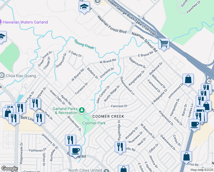 map of restaurants, bars, coffee shops, grocery stores, and more near 3702 Dandridge Circle in Garland