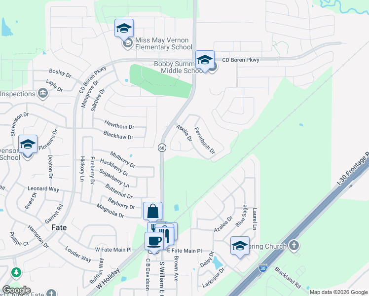 map of restaurants, bars, coffee shops, grocery stores, and more near 106 Tanglewood Drive in Royse City
