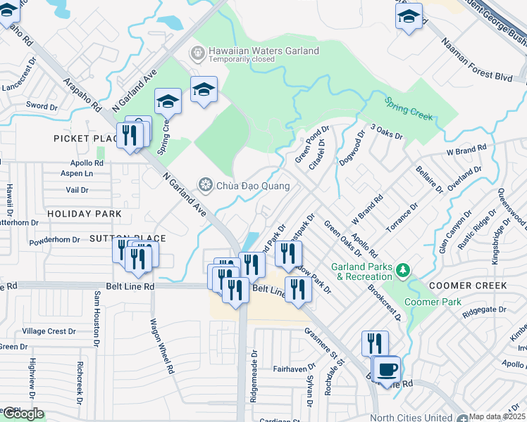 map of restaurants, bars, coffee shops, grocery stores, and more near 1 America Drive in Garland