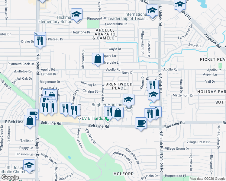map of restaurants, bars, coffee shops, grocery stores, and more near 2944 Canis Circle in Garland