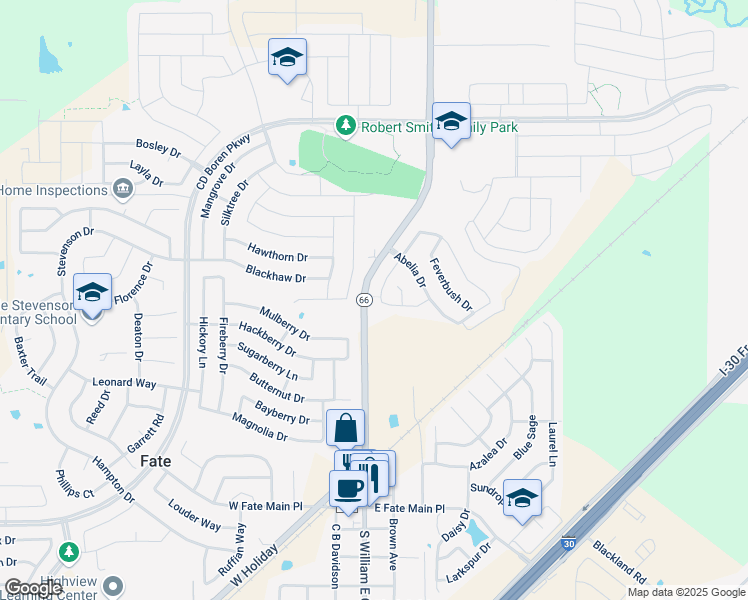map of restaurants, bars, coffee shops, grocery stores, and more near 203 Citrus Drive in Royse City