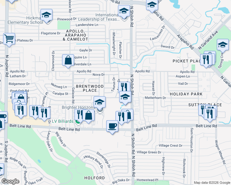 map of restaurants, bars, coffee shops, grocery stores, and more near 3407 Aries Drive in Garland