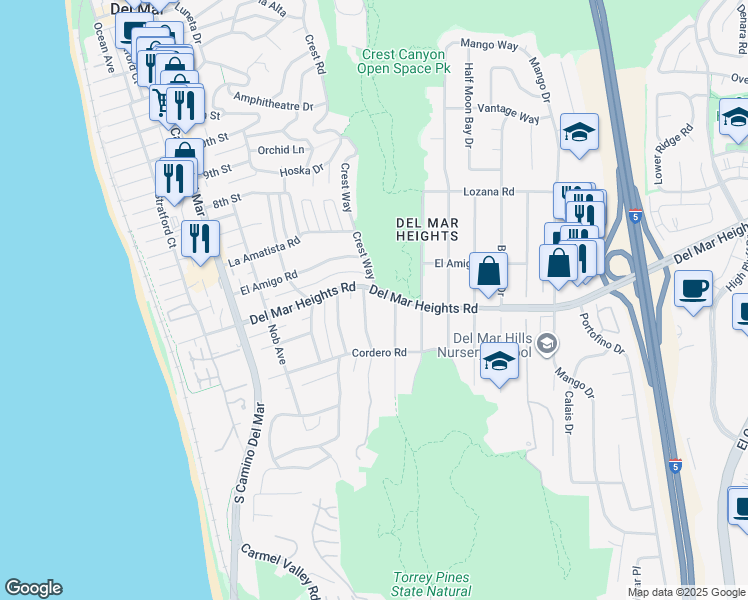 map of restaurants, bars, coffee shops, grocery stores, and more near 2287 Del Mar Heights Road in Del Mar