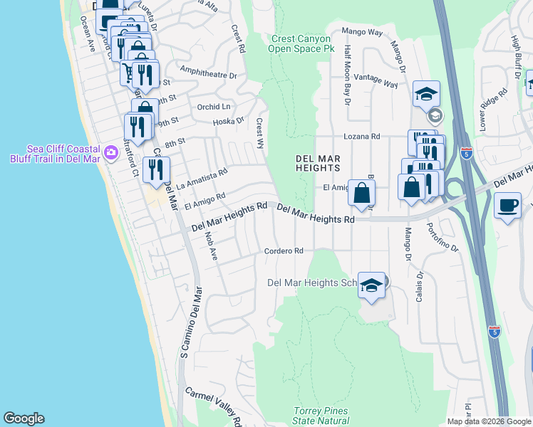 map of restaurants, bars, coffee shops, grocery stores, and more near 13783 Pine Needles Drive in Del Mar