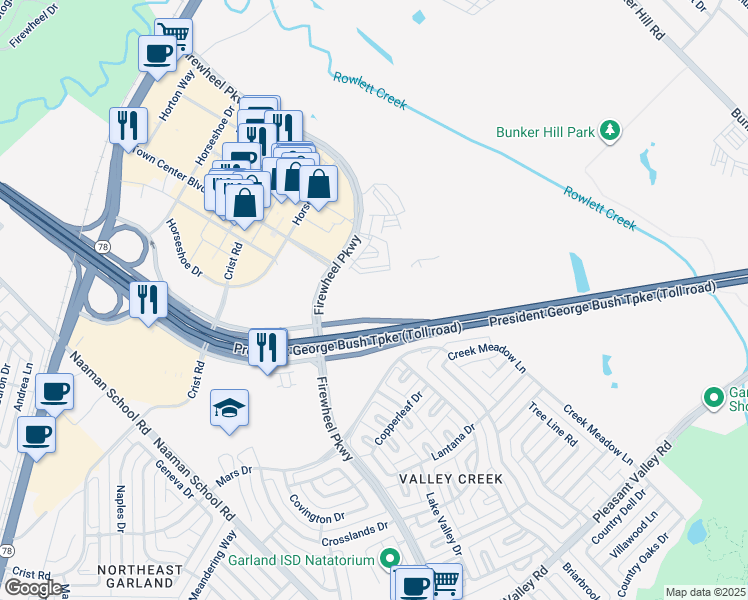 map of restaurants, bars, coffee shops, grocery stores, and more near Firewheel Parkway in Garland