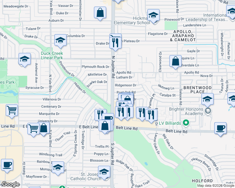 map of restaurants, bars, coffee shops, grocery stores, and more near 3542 Post Oak Road in Garland