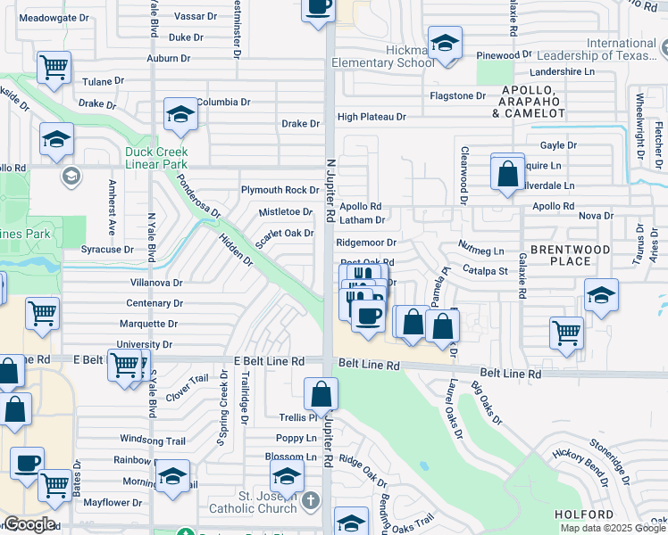 map of restaurants, bars, coffee shops, grocery stores, and more near 3542 Post Oak Road in Garland