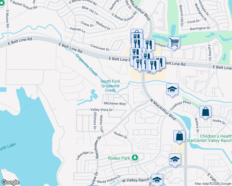 map of restaurants, bars, coffee shops, grocery stores, and more near 1137 Hemingway Lane in Irving