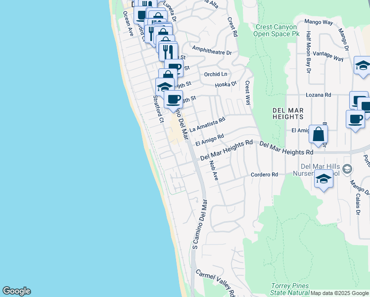 map of restaurants, bars, coffee shops, grocery stores, and more near in Del Mar