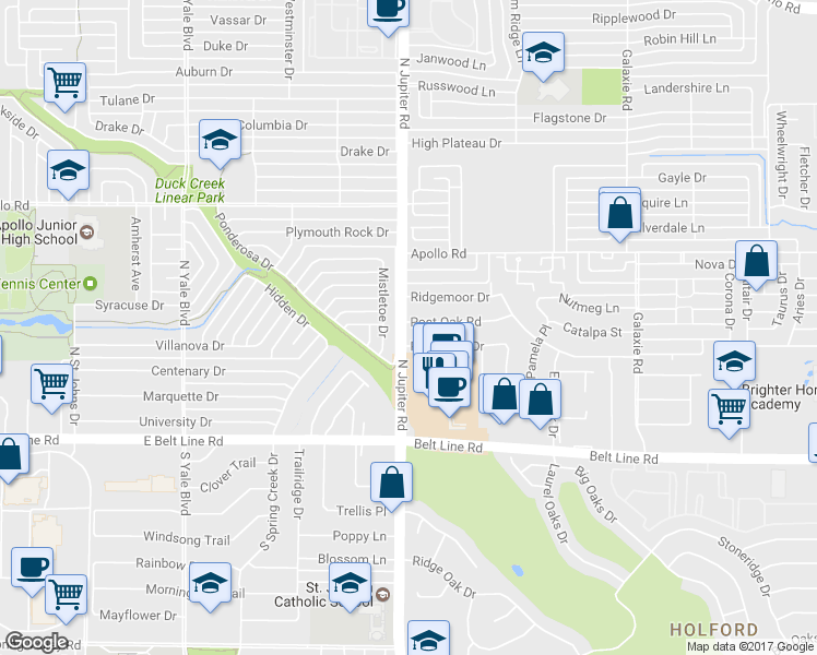 map of restaurants, bars, coffee shops, grocery stores, and more near 3542 Post Oak Road in Garland