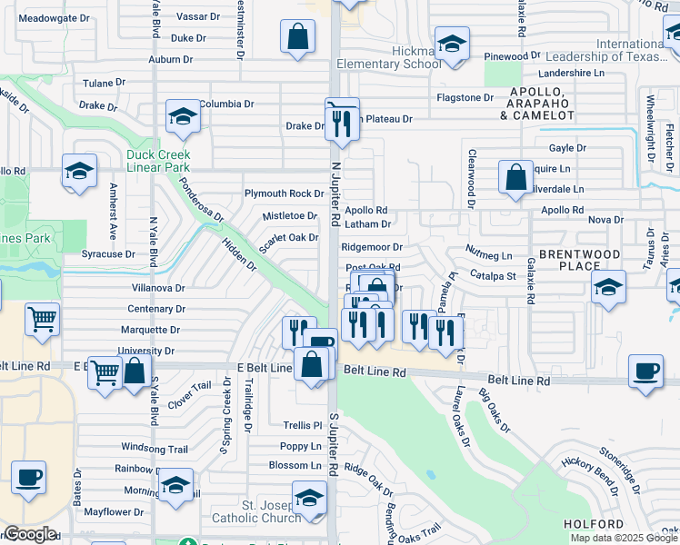 map of restaurants, bars, coffee shops, grocery stores, and more near 3542 Post Oak Road in Garland