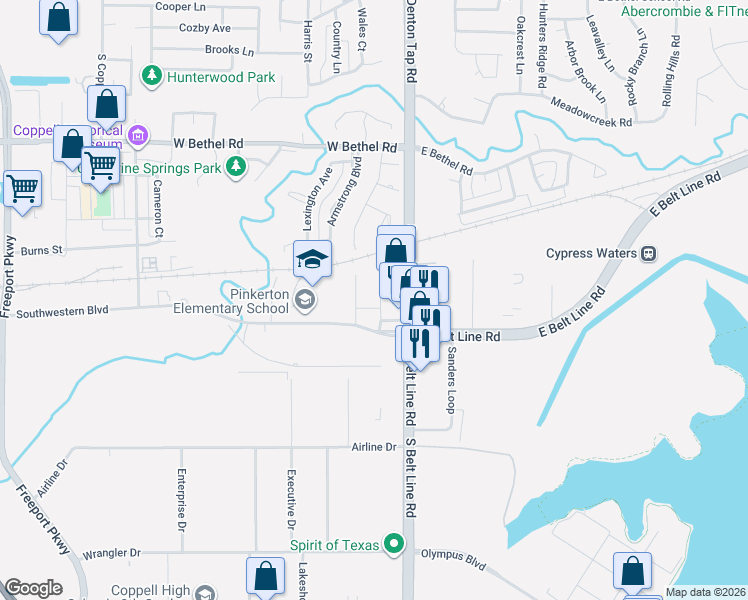 map of restaurants, bars, coffee shops, grocery stores, and more near 103 Bullock Drive in Coppell