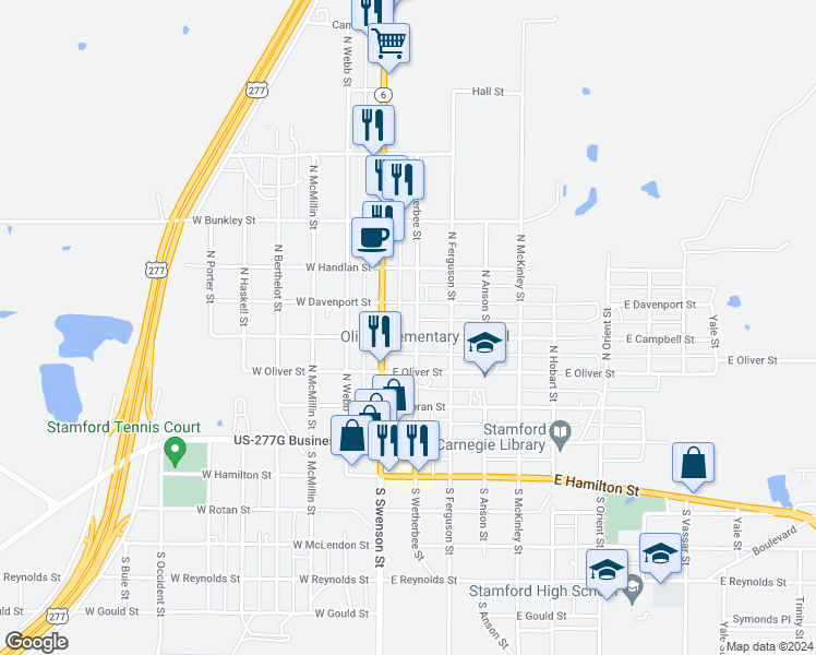 map of restaurants, bars, coffee shops, grocery stores, and more near 111 East Campbell Street in Stamford