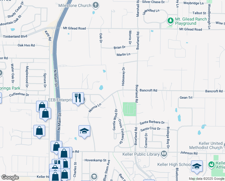 map of restaurants, bars, coffee shops, grocery stores, and more near 1000 Norma Lane in Keller