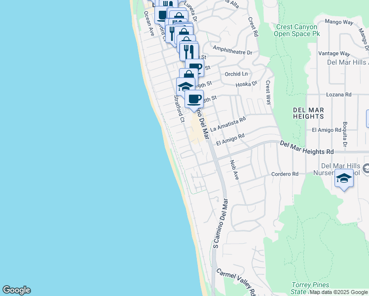 map of restaurants, bars, coffee shops, grocery stores, and more near 141 Sea Cliff Way in Del Mar
