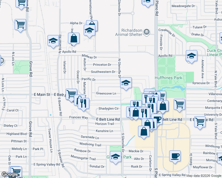 map of restaurants, bars, coffee shops, grocery stores, and more near 1124 Larkspur Drive in Richardson