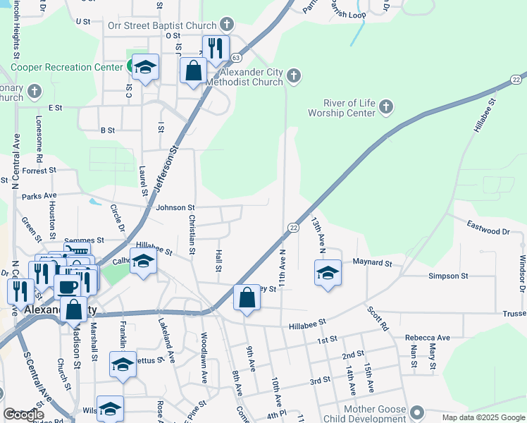 map of restaurants, bars, coffee shops, grocery stores, and more near 509 11th Avenue North in Alexander City