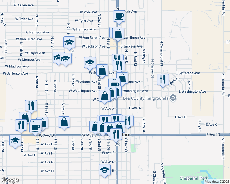 map of restaurants, bars, coffee shops, grocery stores, and more near 100 North Main Street in Lovington