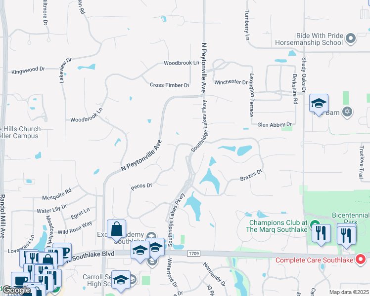 map of restaurants, bars, coffee shops, grocery stores, and more near 1703 Pecos Drive in Southlake