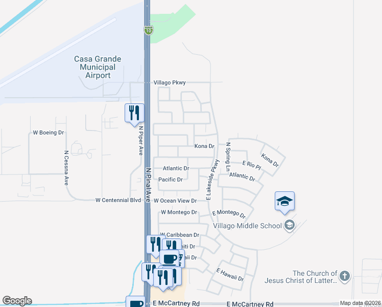 map of restaurants, bars, coffee shops, grocery stores, and more near 156 West Rio Drive in Casa Grande