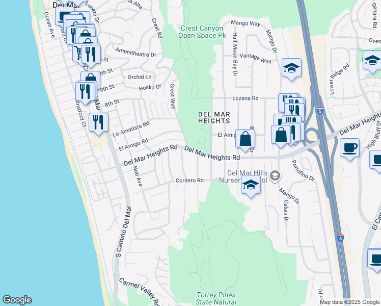 map of restaurants, bars, coffee shops, grocery stores, and more near 2287 Del Mar Heights Road in Del Mar