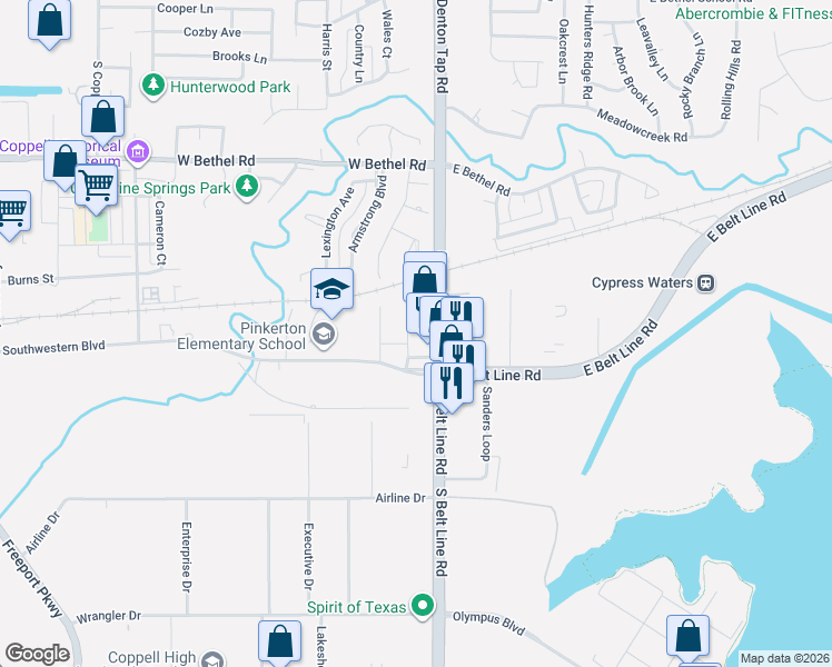 map of restaurants, bars, coffee shops, grocery stores, and more near 103 Bullock Street in Garland