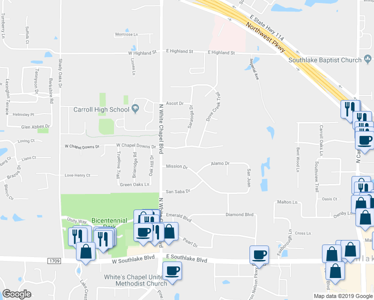 map of restaurants, bars, coffee shops, grocery stores, and more near 110 East Chapel Downs Drive in Southlake