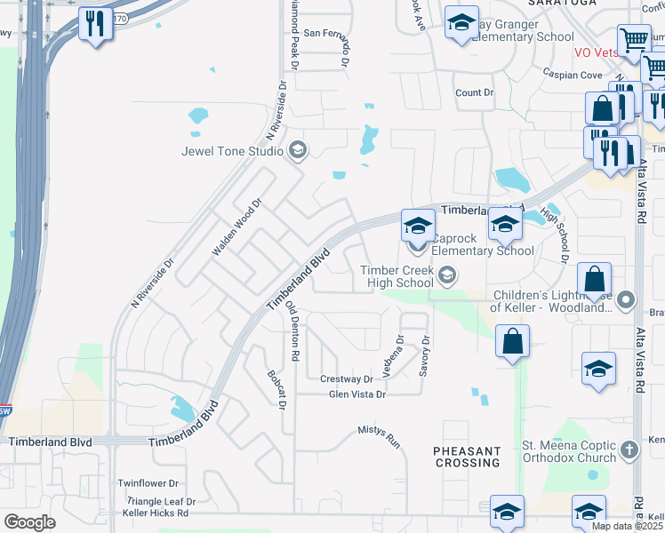 map of restaurants, bars, coffee shops, grocery stores, and more near 3017 Thicket Bend Court in Fort Worth