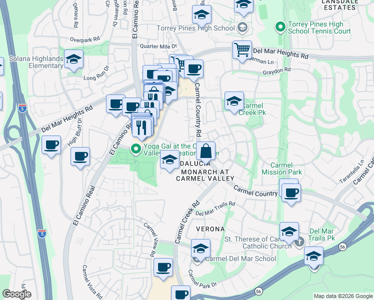 map of restaurants, bars, coffee shops, grocery stores, and more near 3752 Mykonos Lane in San Diego