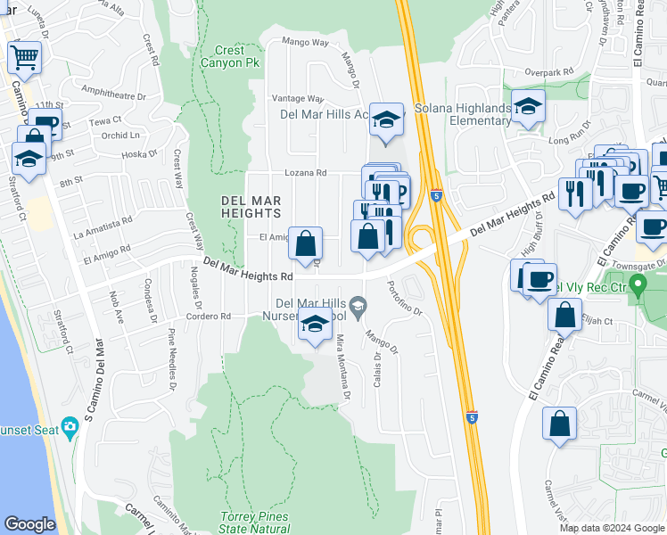 map of restaurants, bars, coffee shops, grocery stores, and more near 13816 Mira Montana Drive in Del Mar