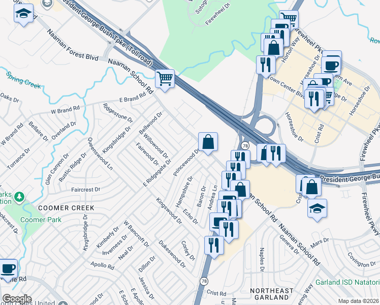 map of restaurants, bars, coffee shops, grocery stores, and more near 3101 Princewood Drive in Garland