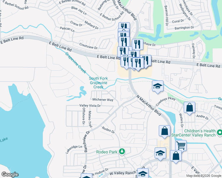 map of restaurants, bars, coffee shops, grocery stores, and more near 10600 Faulkner Point Way in Irving