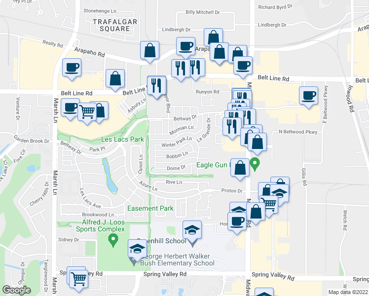 map of restaurants, bars, coffee shops, grocery stores, and more near 4013 Bobbin Lane in Addison