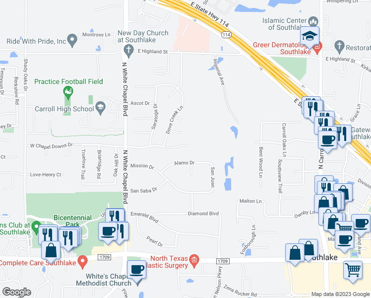 map of restaurants, bars, coffee shops, grocery stores, and more near 208 East Chapel Downs Drive in Southlake