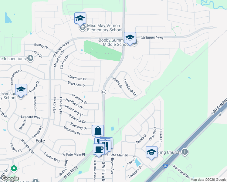 map of restaurants, bars, coffee shops, grocery stores, and more near 106 Tanglewood Drive in Royse City