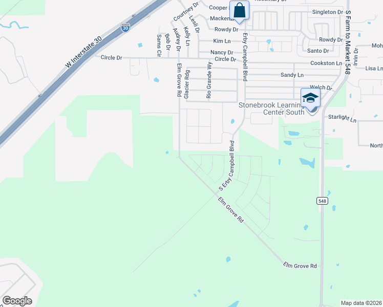 map of restaurants, bars, coffee shops, grocery stores, and more near 3015 Elm Grove Road in Royse City