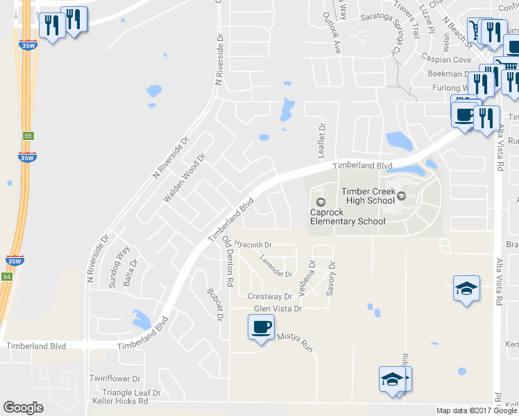 map of restaurants, bars, coffee shops, grocery stores, and more near 3021 Thicket Bend Court in Fort Worth