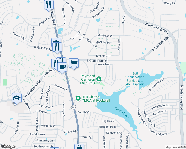 map of restaurants, bars, coffee shops, grocery stores, and more near 1453 Brittany Way in Rockwall