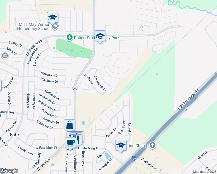 map of restaurants, bars, coffee shops, grocery stores, and more near 105 Waxberry Drive in Fate