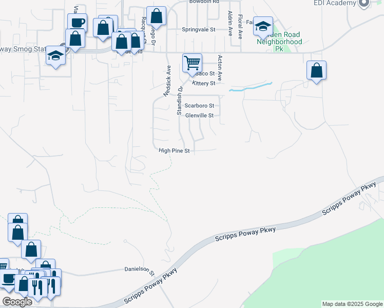 map of restaurants, bars, coffee shops, grocery stores, and more near 14513 High Pine Street in Poway