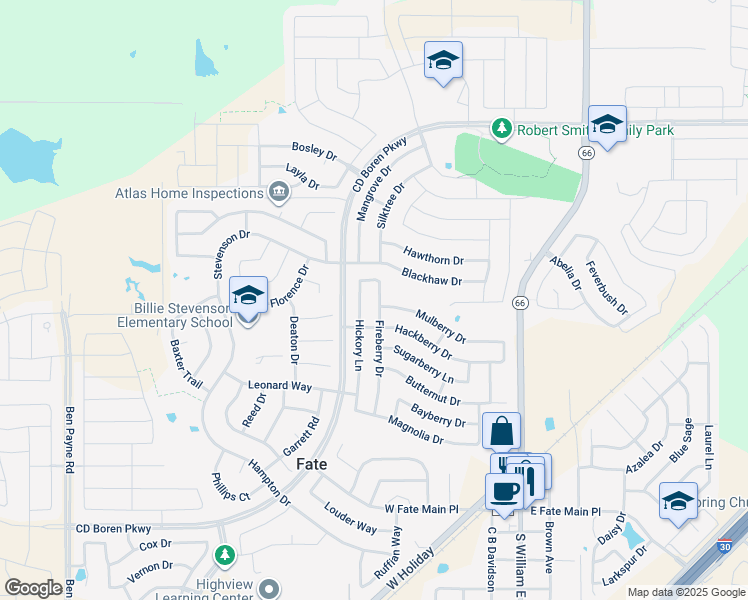 map of restaurants, bars, coffee shops, grocery stores, and more near 803 Fireberry Drive in Rockwall