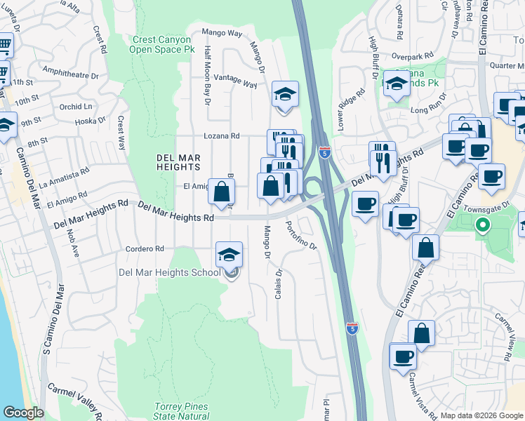 map of restaurants, bars, coffee shops, grocery stores, and more near 2628 Del Mar Heights Road in Del Mar
