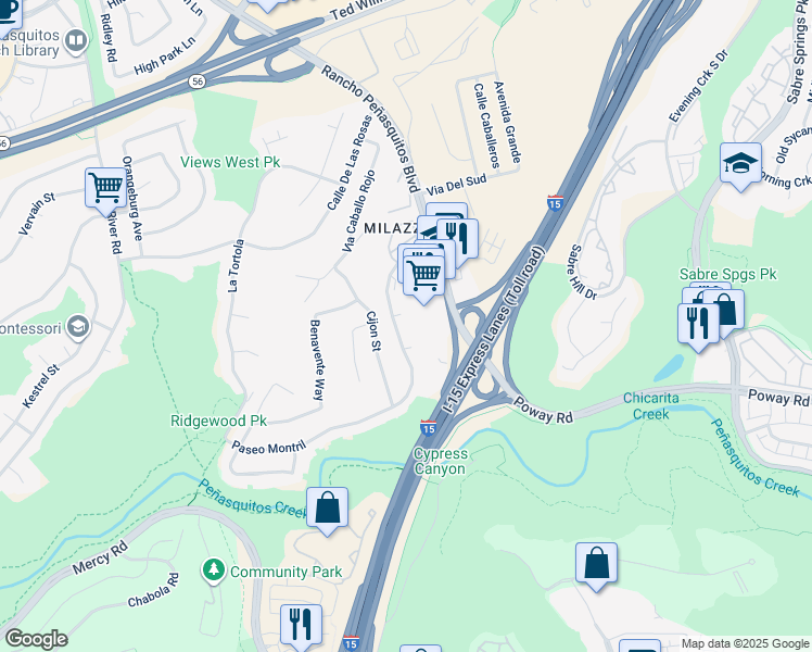 map of restaurants, bars, coffee shops, grocery stores, and more near 9951 Paseo Montril in San Diego