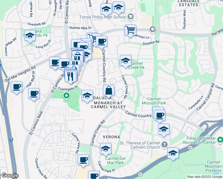 map of restaurants, bars, coffee shops, grocery stores, and more near 12747 Via Nieve in San Diego