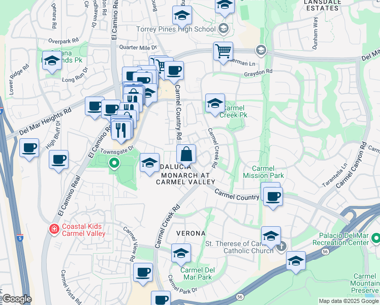 map of restaurants, bars, coffee shops, grocery stores, and more near 12747 Via Nieve in San Diego