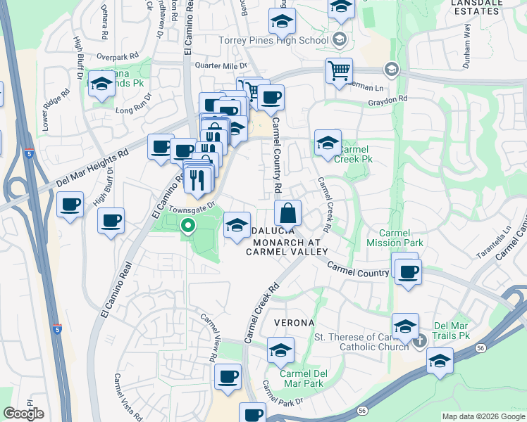 map of restaurants, bars, coffee shops, grocery stores, and more near 3754 Mykonos Lane in San Diego